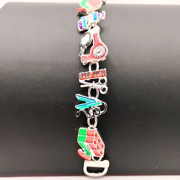 VTG 90s Women Silver Tone Hair Stylist Charm Bracelet Fun Statement Multicolor - Picture 3 of 6